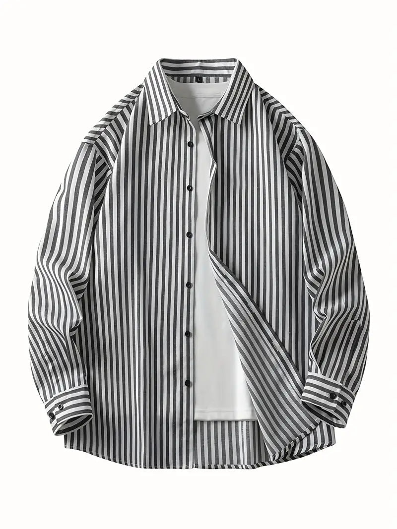 Men's Black and White Striped Long Sleeve Shirt