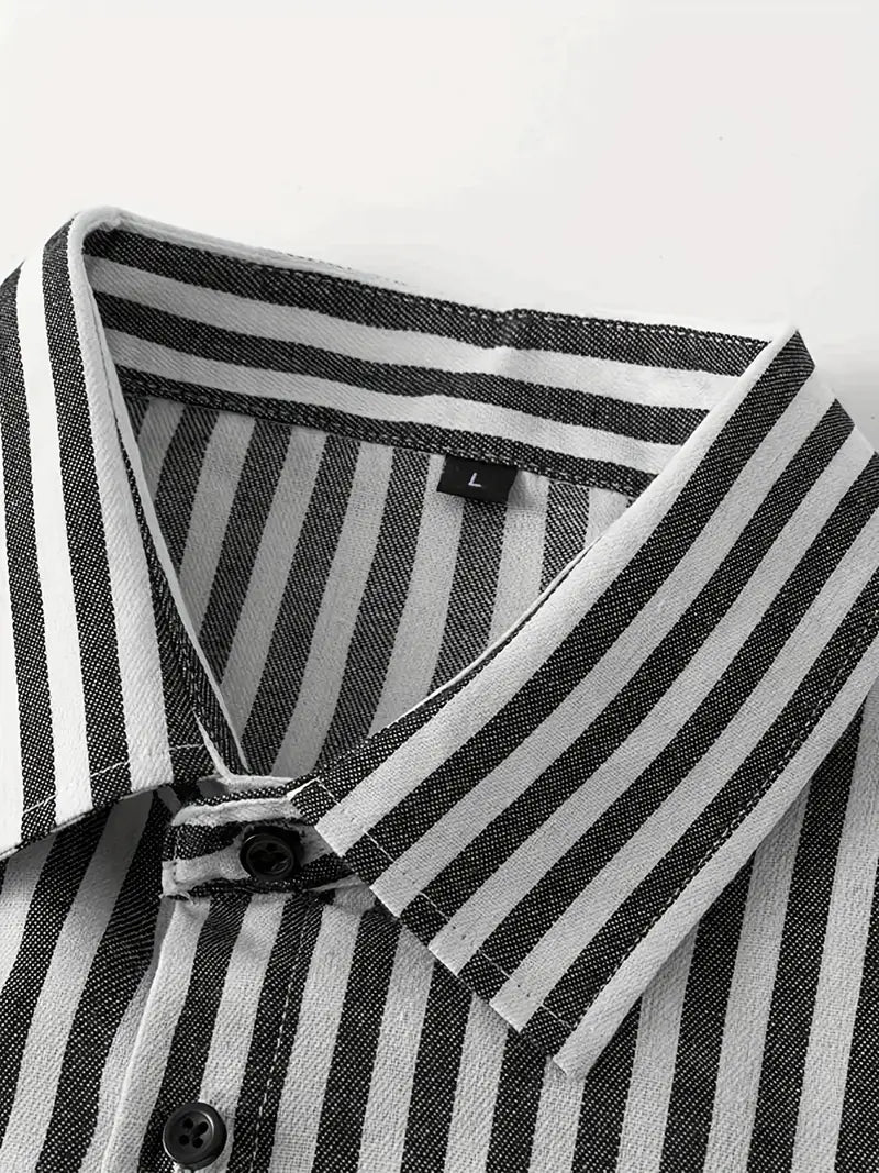 Men's Black and White Striped Long Sleeve Shirt