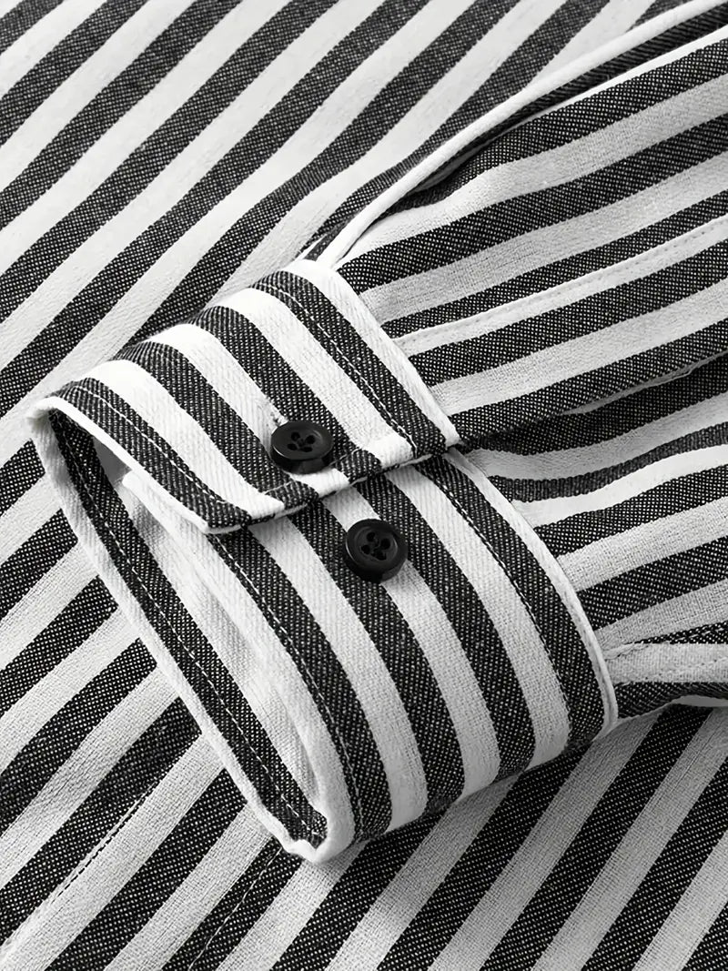 Men's Black and White Striped Long Sleeve Shirt