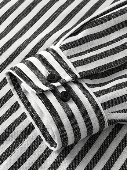 Men's Black and White Striped Long Sleeve Shirt